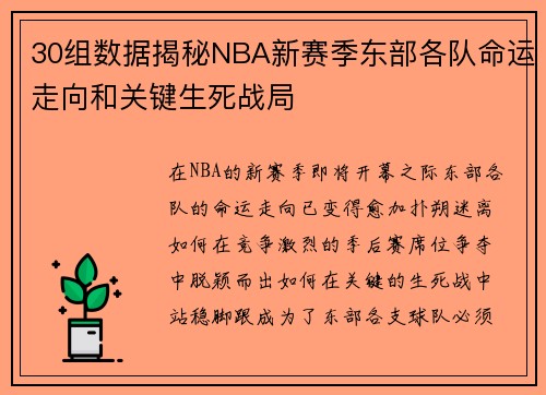 30组数据揭秘NBA新赛季东部各队命运走向和关键生死战局